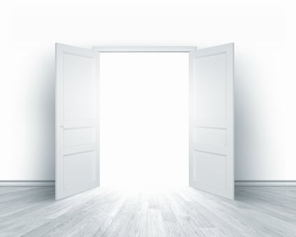 Conceptual image of white opened door. Perspective