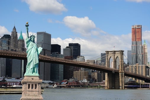 The landmark Statue of Liberty against the impressive New York City skyline.-1