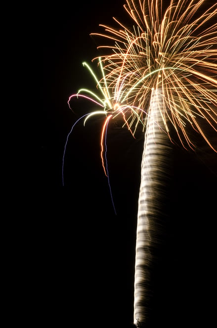 Two bursts of fireworks together, like a palm tree and a huge spider