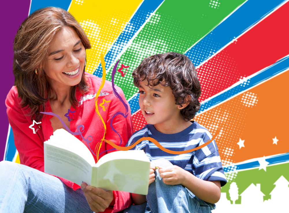 Woman reading to her son over a colorful background